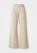 Beige weit geschnittene Jeans aus Denim, mit hoher Taille, Fronttaschen und einem schlichten Design ohne Muster oder Akzente.