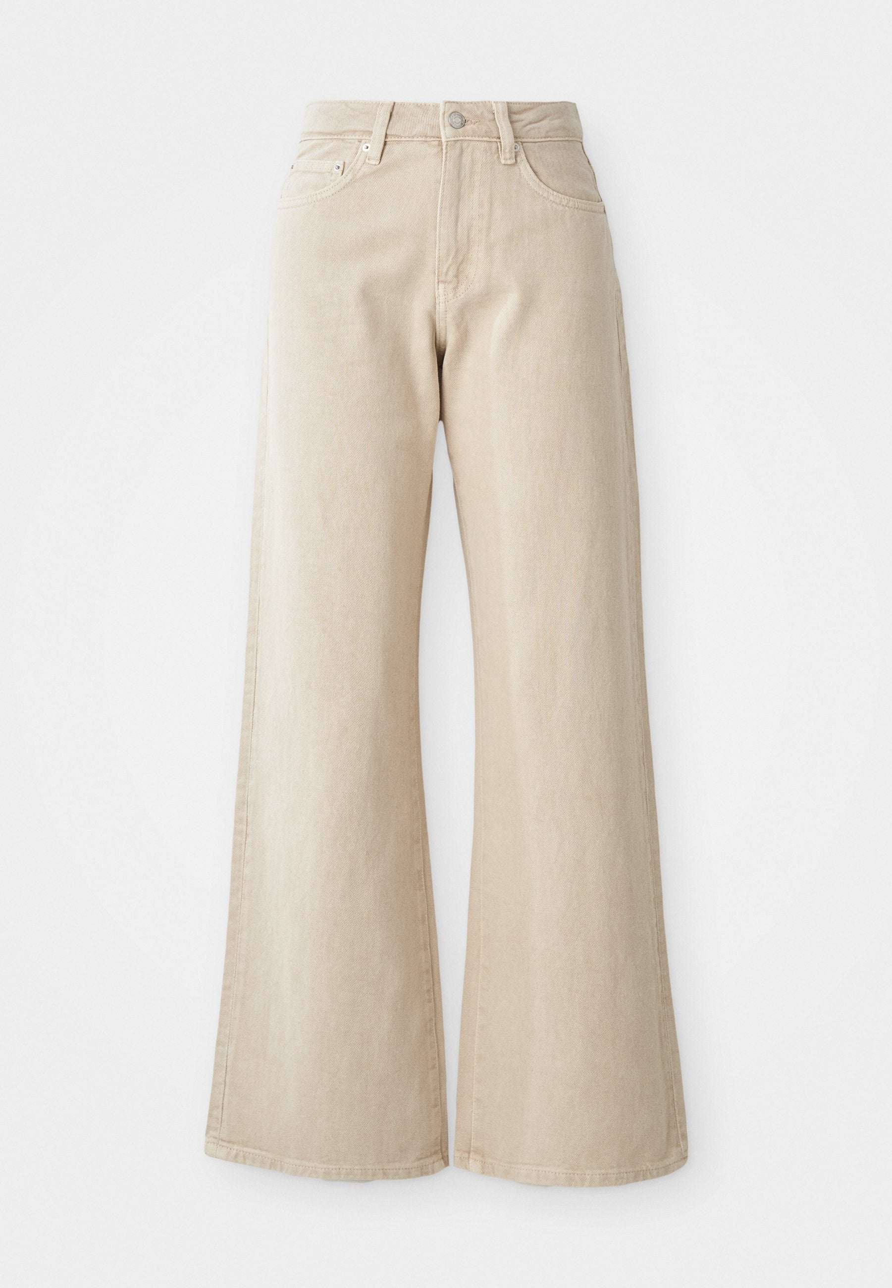 Beige weit geschnittene Jeans aus Denim, mit hoher Taille, Fronttaschen und einem schlichten Design ohne Muster oder Akzente.