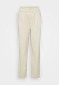 Hellebeige Hosen mit hoher Taille, die mit einem Knopf vorne, Falten und einem geraden Bein in einem glatten Stoff versehen sind.