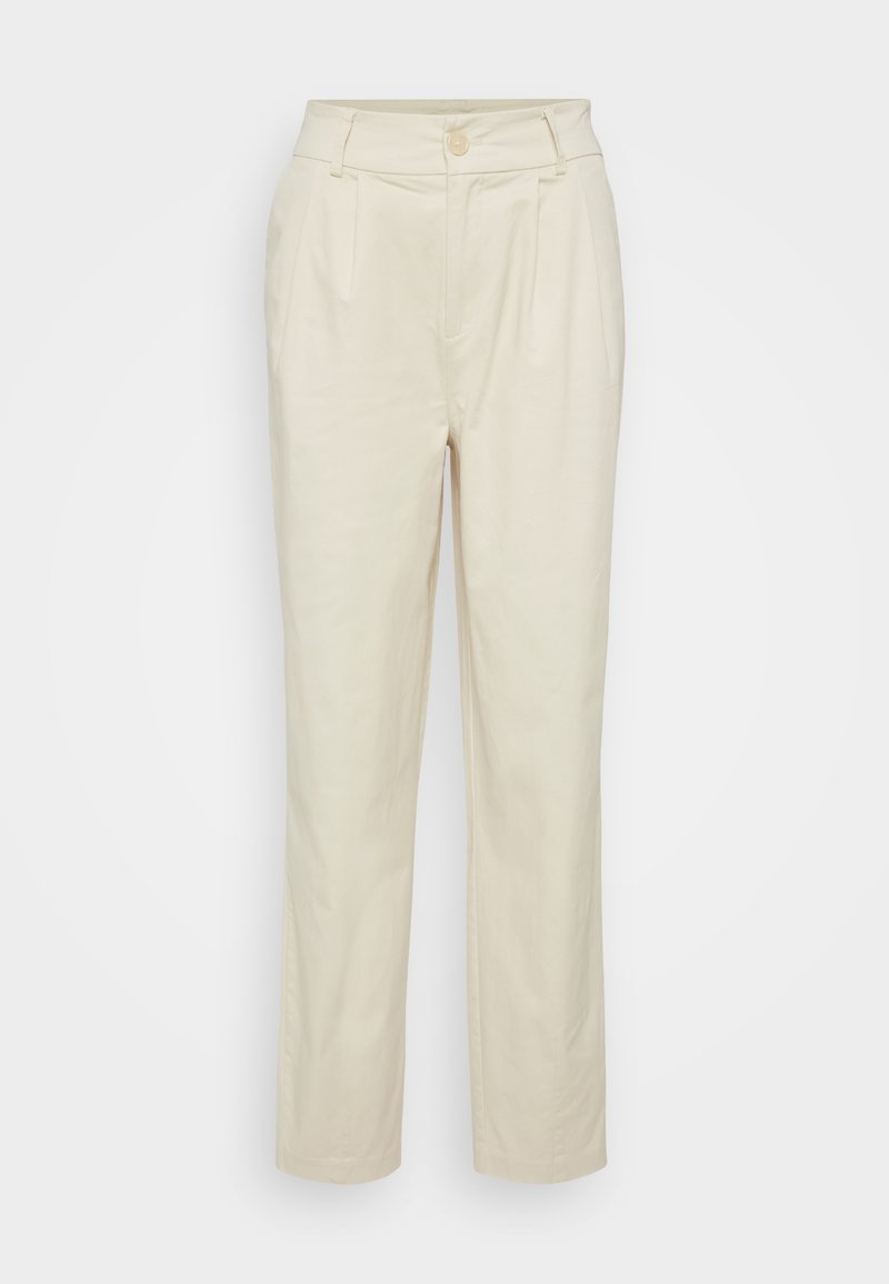 Hellebeige Hosen mit hoher Taille, die mit einem Knopf vorne, Falten und einem geraden Bein in einem glatten Stoff versehen sind.