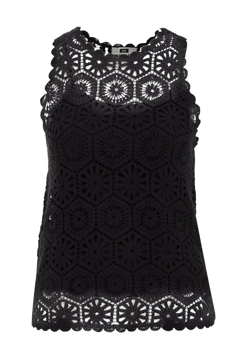 Schwarzes gehäkeltes Tanktop mit hexagonalem Muster und gewellten Kanten. Ärmelloses Design mit halbtransparenter Textur.