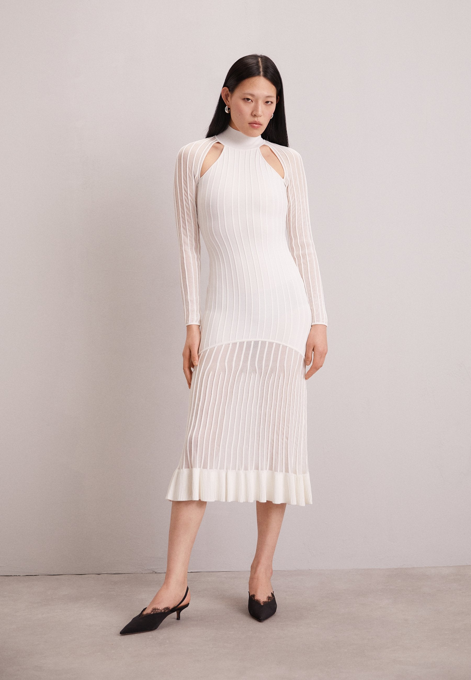 Hervé Léger SHEER FLUTED STRIPE MIDI DRESS