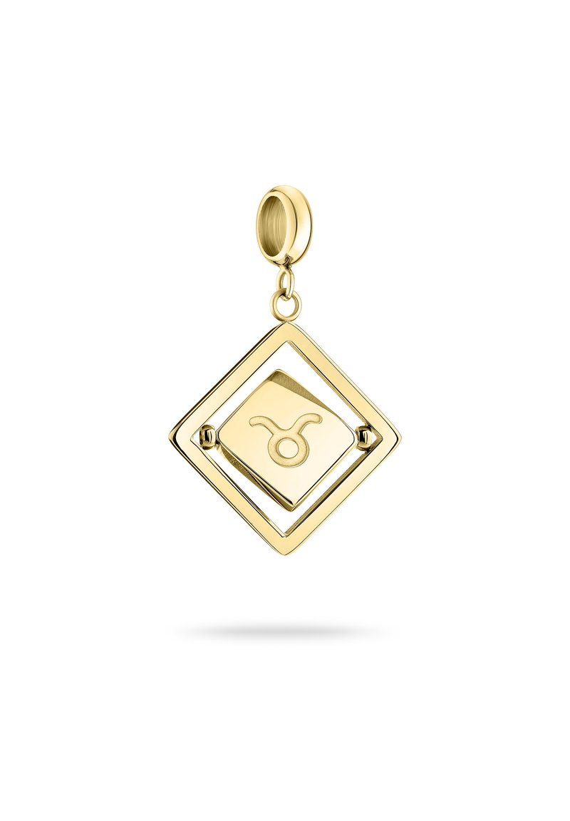 Der goldene Anhänger hat eine diamantförmige Gestalt mit einer glatten Oberfläche. In der Mitte befindet sich ein Stier-Symbol; an den Ecken sind runde Akzente angebracht.
