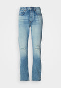 Damen Jeans in mittelhoher Taillenhöhe, blauer Farbton mit dezenter Waschung, zerstörte Stellen an beiden Knien, gerade Beinform und klassisches Fünf-Taschen-Design.