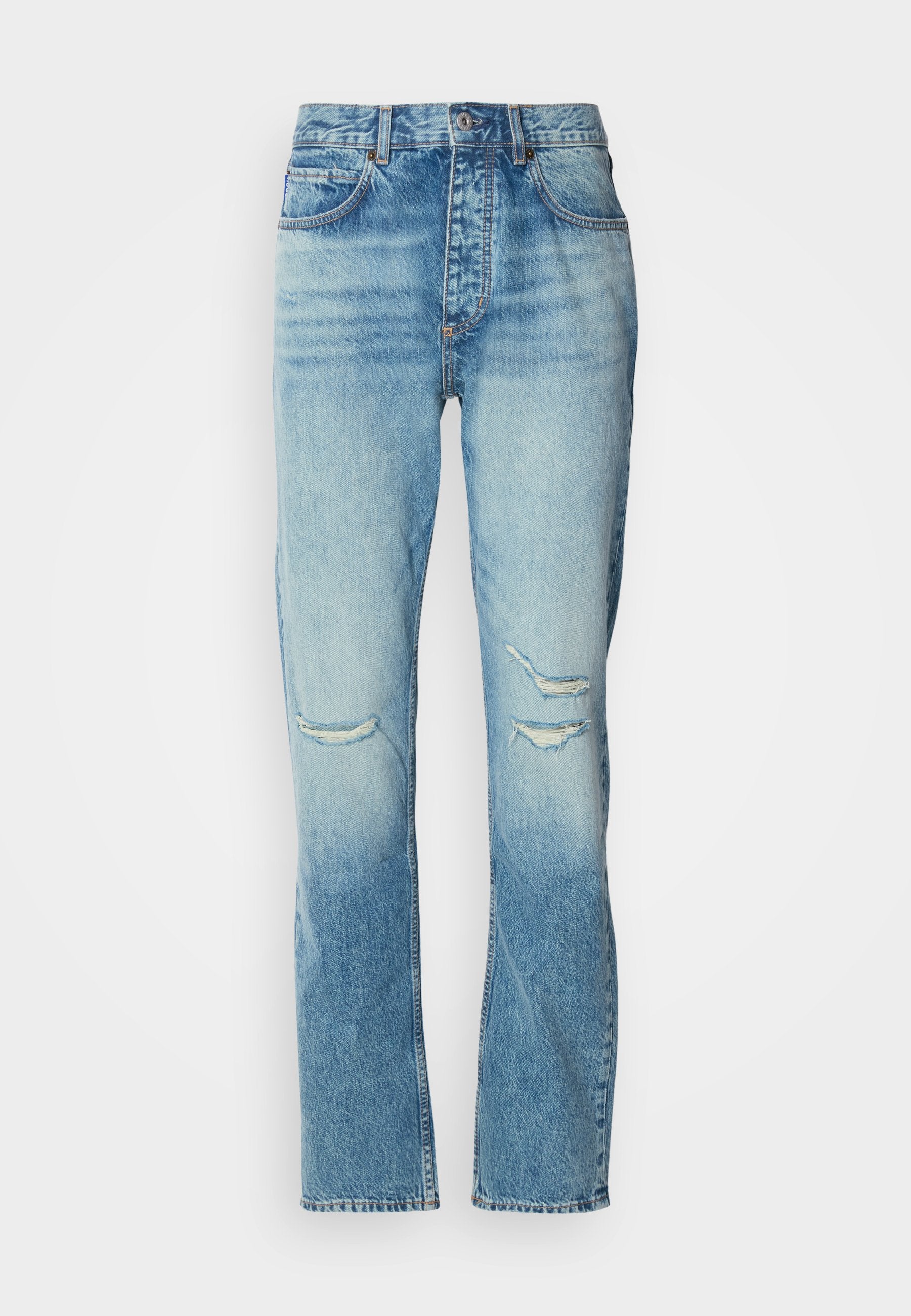 Damen Jeans in mittelhoher Taillenhöhe, blauer Farbton mit dezenter Waschung, zerstörte Stellen an beiden Knien, gerade Beinform und klassisches Fünf-Taschen-Design.