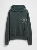 Dunkelgrüner Kapuzenpullover aus weichem Stoff, mit einer Fronttasche, Kapuze mit Kordelzug und einem Grafikdruck mit der Aufschrift "HAWKINS HIGH 1987 ATH. DEPT."