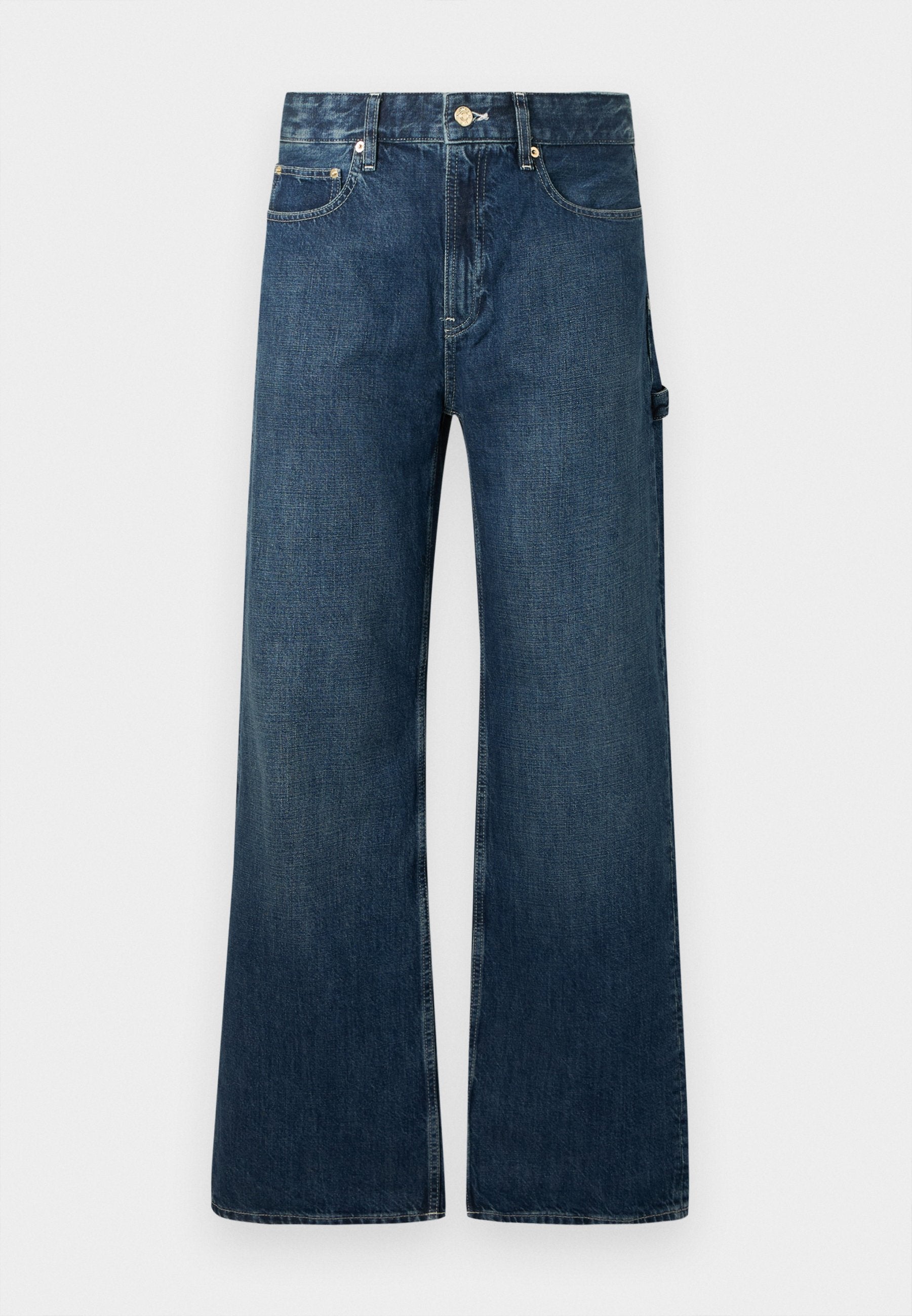 Weite Jeans aus dunkelblauem Denim mit mittelhohem Bund, Messingknopf und subtiler Textur. Klassisches Fünf-Taschen-Design.