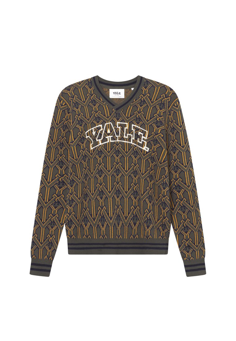 Pullover mit V-Ausschnitt, der ein geometrisches Muster in Braun, Gelb und Marineblau zeigt. "YALE"-Logo in Weiß über der Brust. Gerippte Bündchen und Saum.
