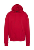 Roter Kapuzenpullover aus einer Baumwollmischung. Mit einer vorderen Kängurutasche, verstellbaren Kordeln und gerippten Bündchen. Glatte Textur.