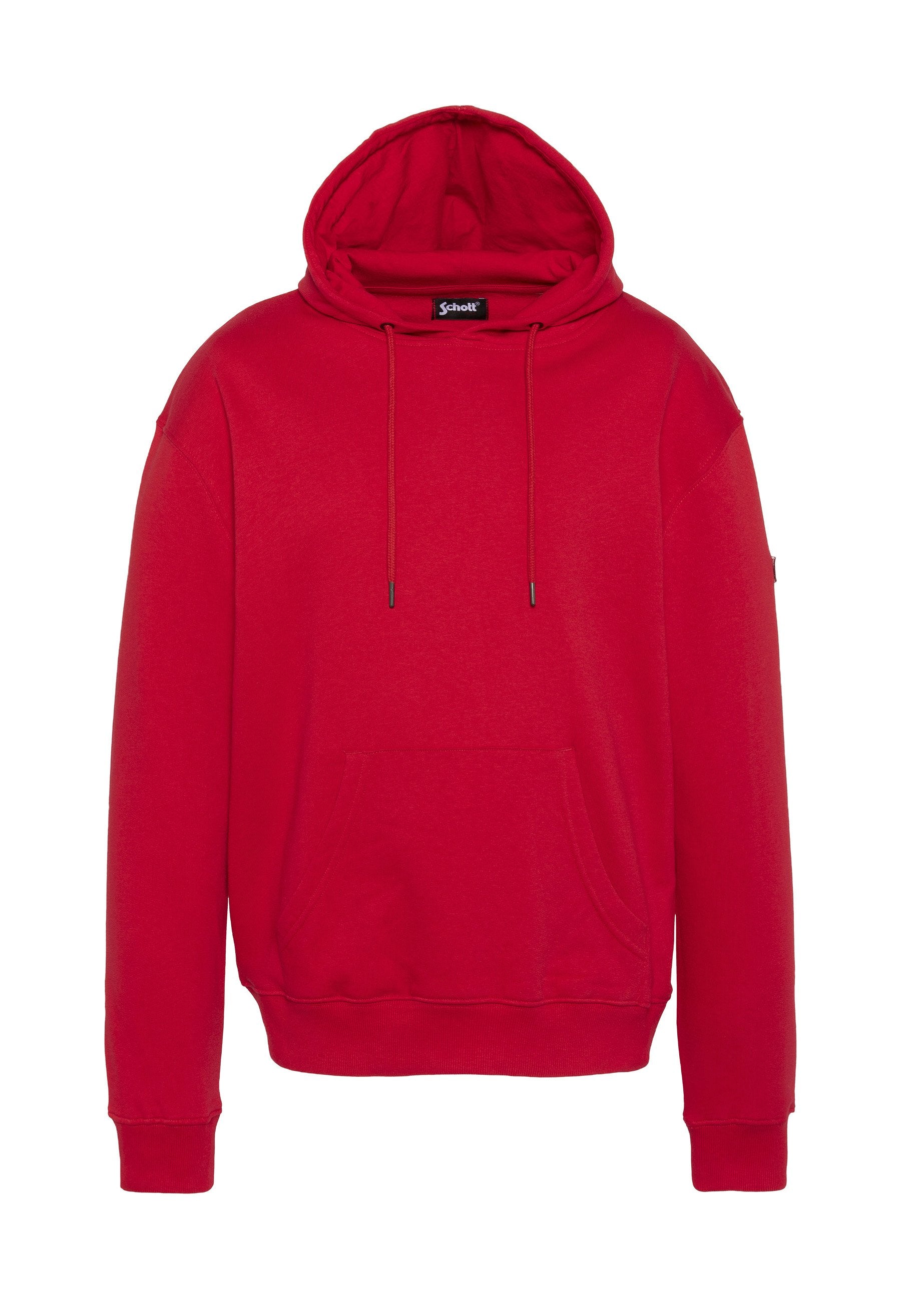 Roter Kapuzenpullover aus einer Baumwollmischung. Mit einer vorderen Kängurutasche, verstellbaren Kordeln und gerippten Bündchen. Glatte Textur.