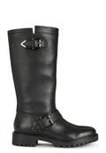 Schwarze Lederstiefel bis zum Knie mit texturiertem Finish, verstellbaren Schnallendetails und grober Gummisohle für Traktion.