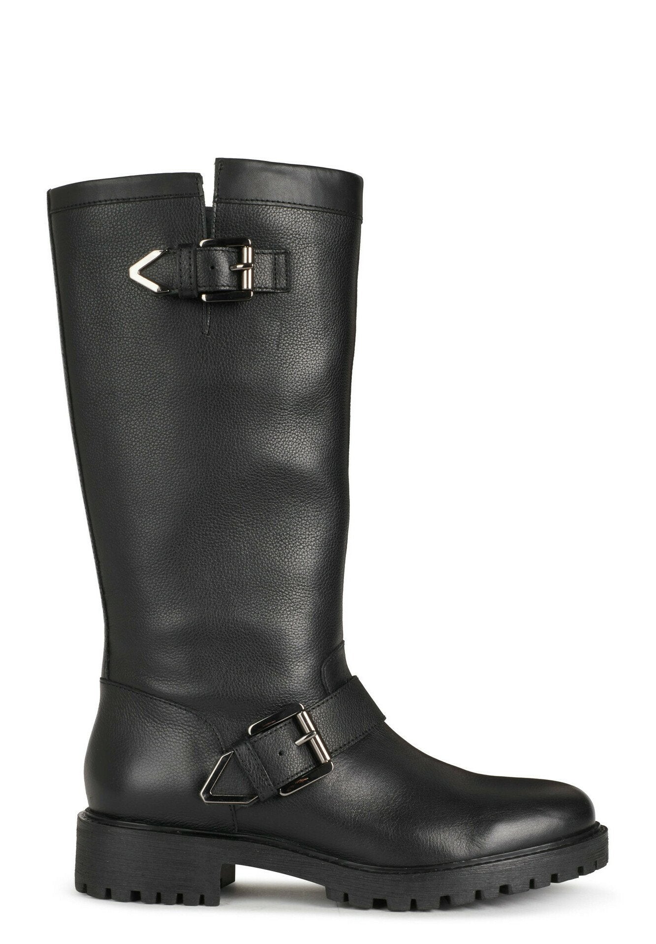 Schwarze Lederstiefel bis zum Knie mit texturiertem Finish, verstellbaren Schnallendetails und grober Gummisohle für Traktion.