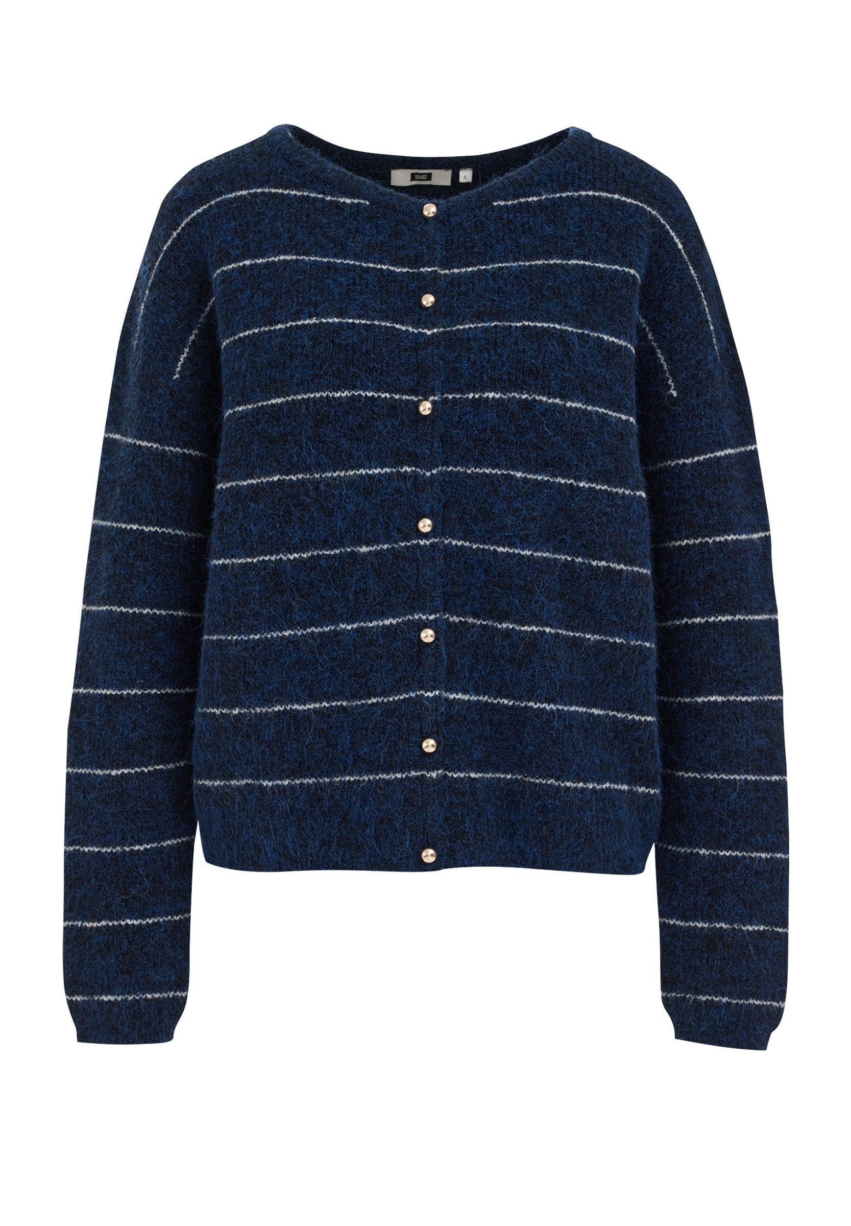 Blauer Woll-Cardigan mit horizontalen weißen Streifen, Rundhalsausschnitt und goldenen Knöpfen an der Vorderseite. Verfügt über lange Ärmel und eine weiche Textur.