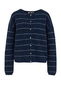 Blauer Woll-Cardigan mit horizontalen weißen Streifen, Rundhalsausschnitt und goldenen Knöpfen an der Vorderseite. Verfügt über lange Ärmel und eine weiche Textur.