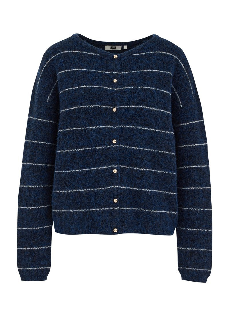 Blauer Woll-Cardigan mit horizontalen weißen Streifen, Rundhalsausschnitt und goldenen Knöpfen an der Vorderseite. Verfügt über lange Ärmel und eine weiche Textur.