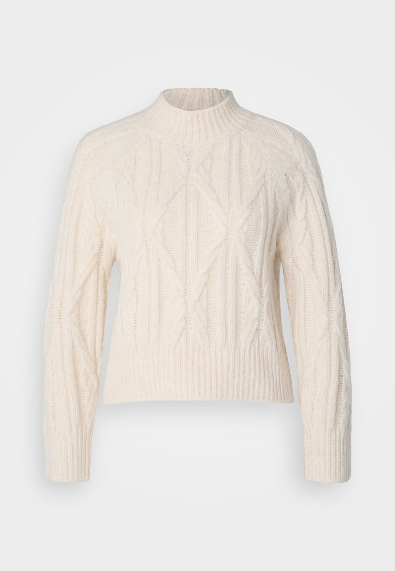 Cremfarbener Grobstrickpullover mit hohem Kragen, langen Ärmeln und geripptem Saum. Verfügt über strukturierte Muster und eine lockere Passform.