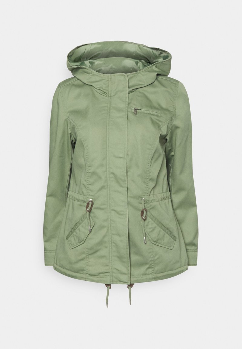 Hellgrüne Jacke mit Kapuze, ausgestattet mit einem Frontreißverschluss, zwei Seitentaschen und verstellbaren Kordeln an der Taille und dem Saum. Glatte Textur.