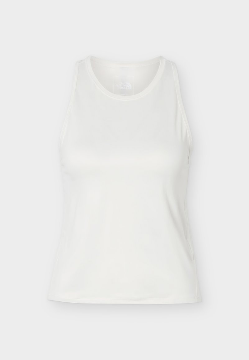 Weißes ärmelloses sportliches Tanktop mit rundem Ausschnitt, schlichtem Design und tailliertem Schnitt vor hellem Hintergrund.