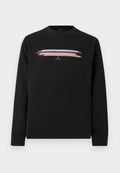 Schwarzes langärmliges Sweatshirt mit Rundhalsausschnitt, farbenfrohem horizontalem Pinselstrich-Design und kleinem weißen "PS Paul Smith"-Logo in der Mitte der Brust.