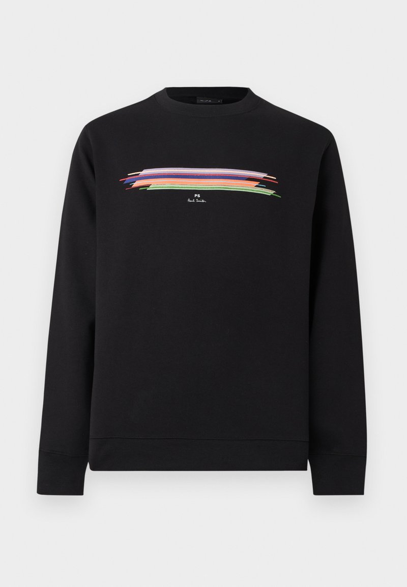 Schwarzes langärmliges Sweatshirt mit Rundhalsausschnitt, farbenfrohem horizontalem Pinselstrich-Design und kleinem weißen "PS Paul Smith"-Logo in der Mitte der Brust.
