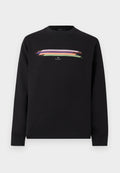 Schwarzes langärmliges Sweatshirt mit Rundhalsausschnitt, farbenfrohem horizontalem Pinselstrich-Design und kleinem weißen "PS Paul Smith"-Logo in der Mitte der Brust.