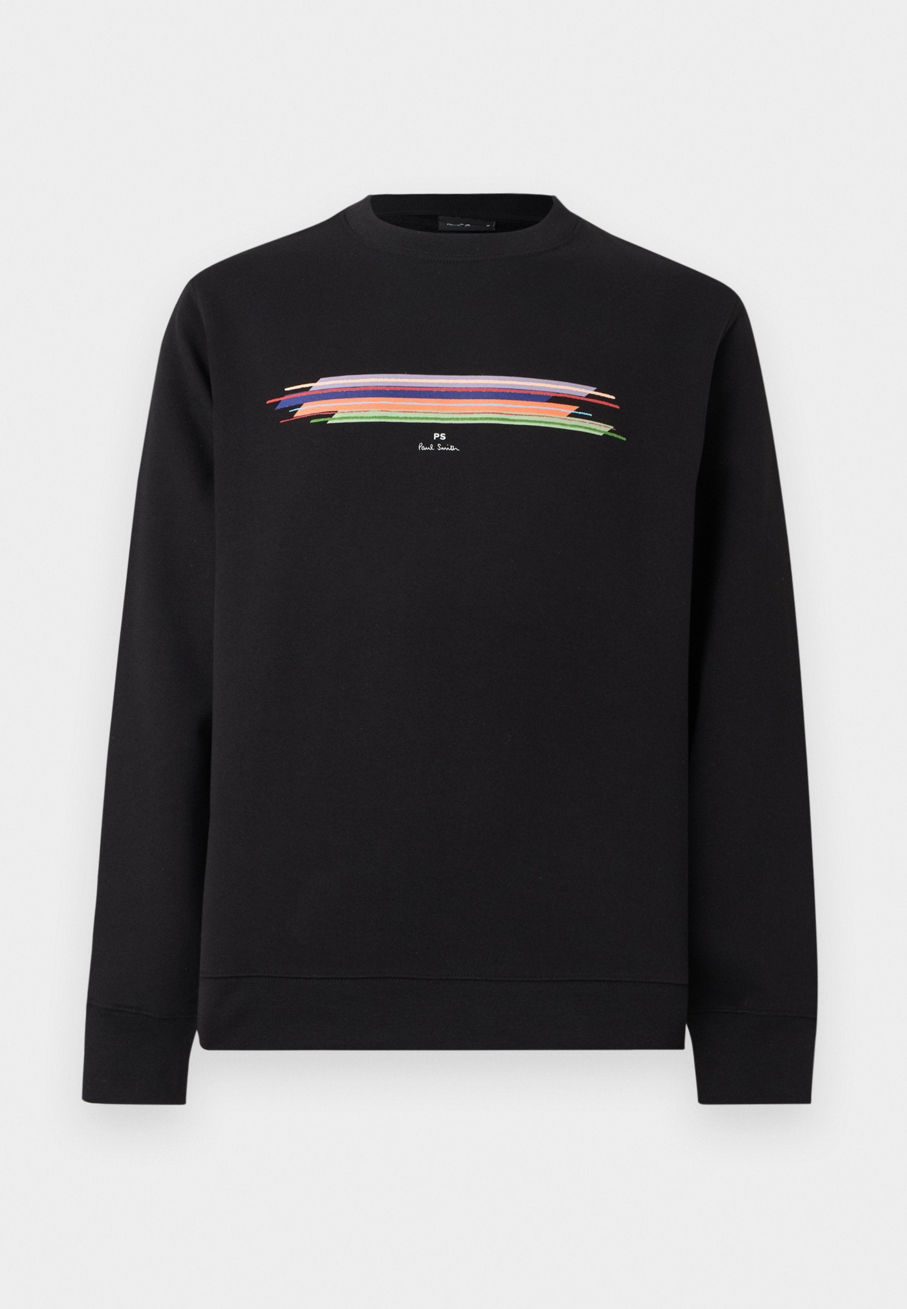 Schwarzes langärmliges Sweatshirt mit Rundhalsausschnitt, farbenfrohem horizontalem Pinselstrich-Design und kleinem weißen "PS Paul Smith"-Logo in der Mitte der Brust.