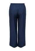 Marineblaue, weit geschnittene Hose mit elastischem Bund, strukturiertem Stoff und weiten Beinen, von hinten vor weißem Hintergrund gezeigt.