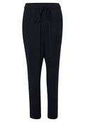Schwarze, leichte Hose mit elastischem Bund und verstellbarem Kordelzug. Gerade Beinführung mit glatter Textur und ohne Muster.