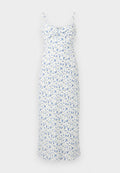 Weißes Midikleid mit dünnen Trägern und blauen Blumenmuster, mit einer gerafften Detail am Ausschnitt.