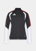 Schwarze Sportjacke mit roten und weißen Akzenten, Reißverschluss vorne, hohem Kragen und einem Logo mit drei weißen Streifen auf der Brust. Elastischer Stoff.