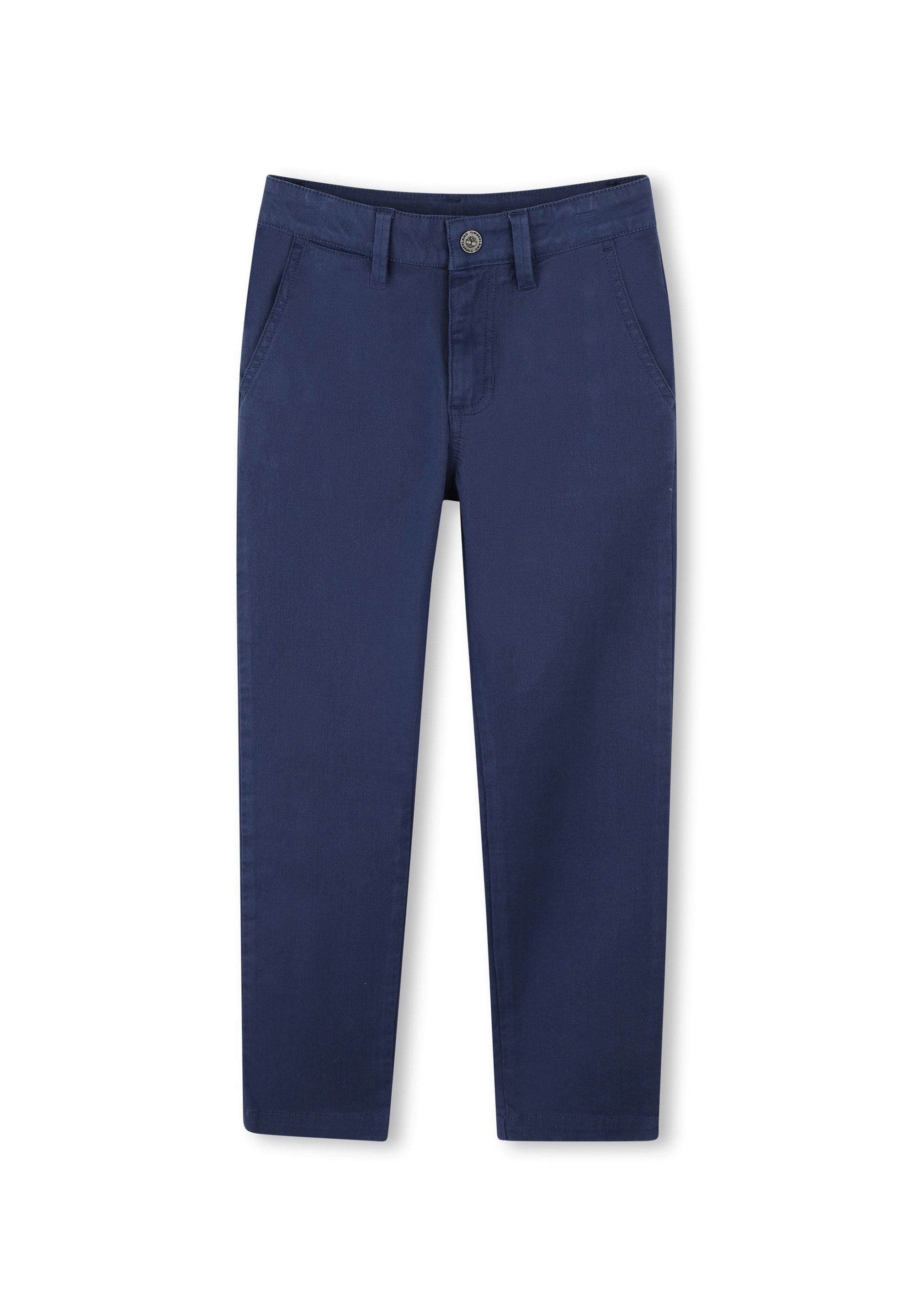 Marineblaue Baumwollhose mit geradem Bein, ausgestattet mit zwei Fronttaschen, einem Knopfverschluss und sauber verarbeiteten Säumen.