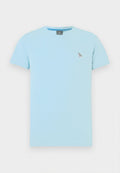 Hellblaues T-Shirt mit kurzen Ärmeln und Rundhalsausschnitt, mit kleinem besticktem Zebra-Logo auf der linken Brustseite.