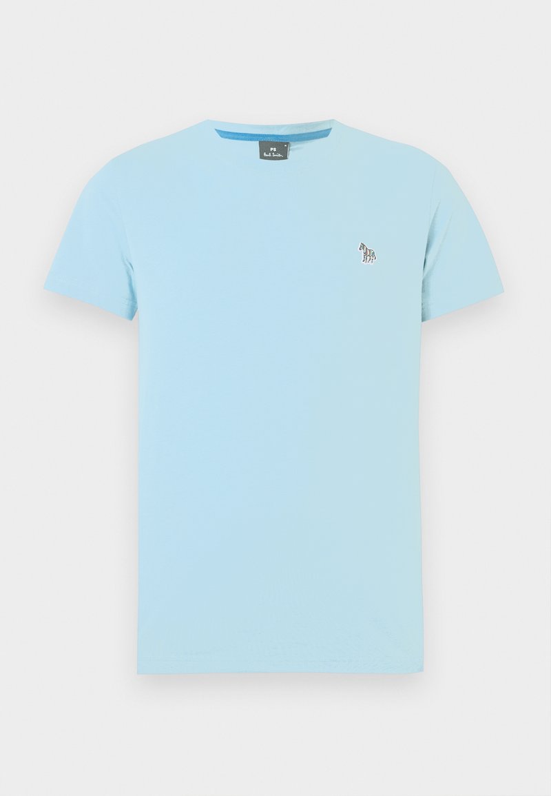 Hellblaues T-Shirt mit kurzen Ärmeln und Rundhalsausschnitt, mit kleinem besticktem Zebra-Logo auf der linken Brustseite.