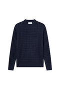 Marineblauer Strickpullover aus strukturiertem Material, mit Rundhalsausschnitt und langen Ärmeln im Karomuster.