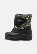 Schwarze wasserdichte Winterstiefel mit einem grünen Schaft, der ein buntes Tiermuster aufweist, weichem grauen Innenfutter und einem verstellbaren Klettverschluss.