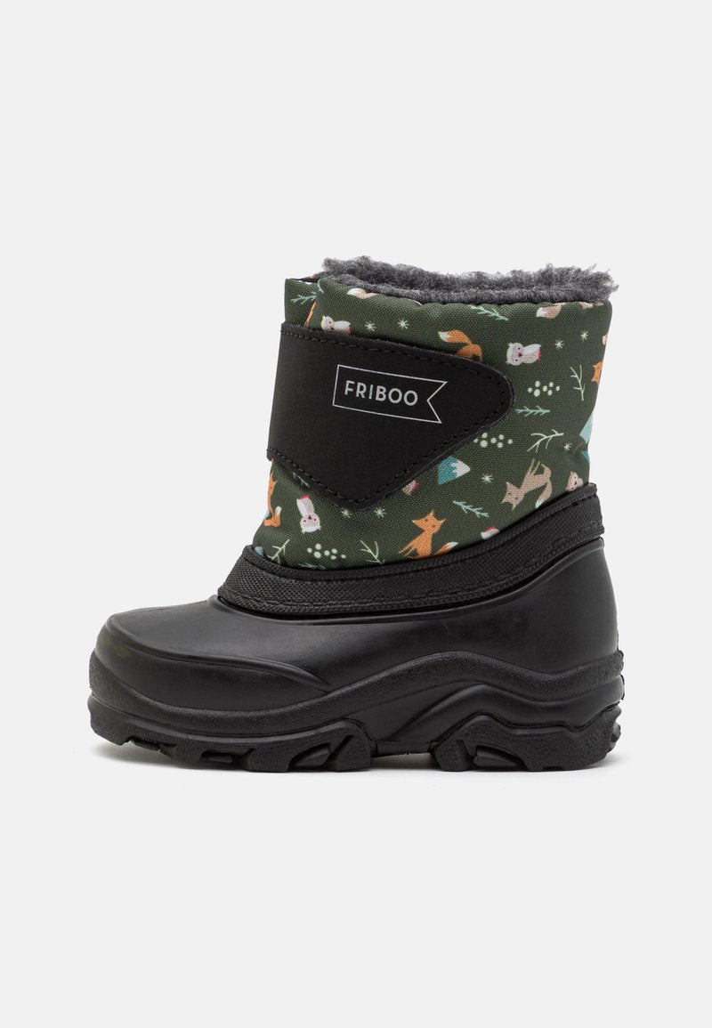 Schwarze wasserdichte Winterstiefel mit einem grünen Schaft, der ein buntes Tiermuster aufweist, weichem grauen Innenfutter und einem verstellbaren Klettverschluss.
