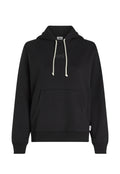 Schwarzer Hoodie aus weichem Stoff, mit einer Kängurutasche, einer Kapuze mit Zugband aus cremefarbenen Schnüren und dezentem Logo-Detail auf der Brust.