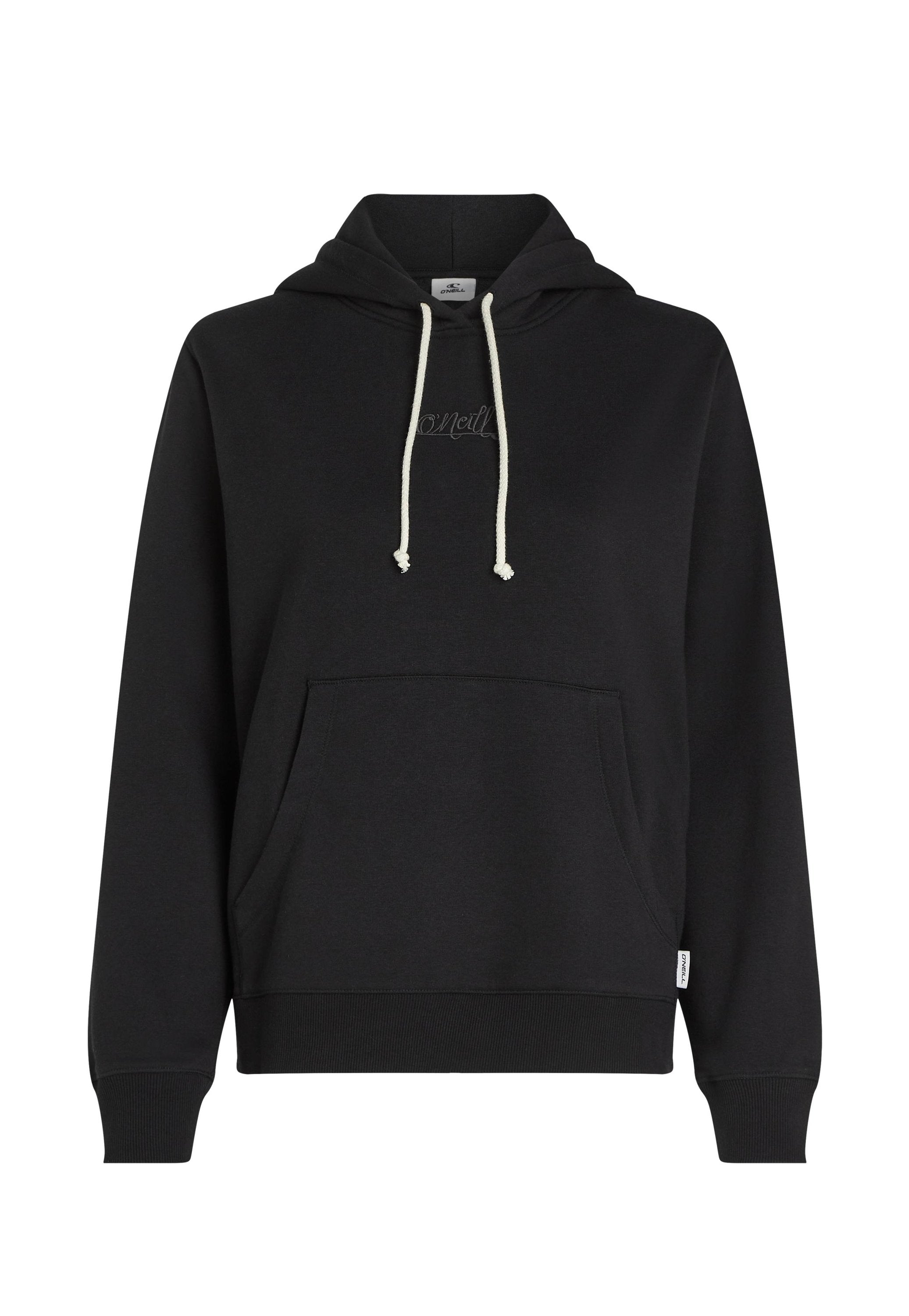 Schwarzer Hoodie aus weichem Stoff, mit einer Kängurutasche, einer Kapuze mit Zugband aus cremefarbenen Schnüren und dezentem Logo-Detail auf der Brust.