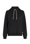 Schwarzer Hoodie aus weichem Stoff, mit einer Kängurutasche, einer Kapuze mit Zugband aus cremefarbenen Schnüren und dezentem Logo-Detail auf der Brust.