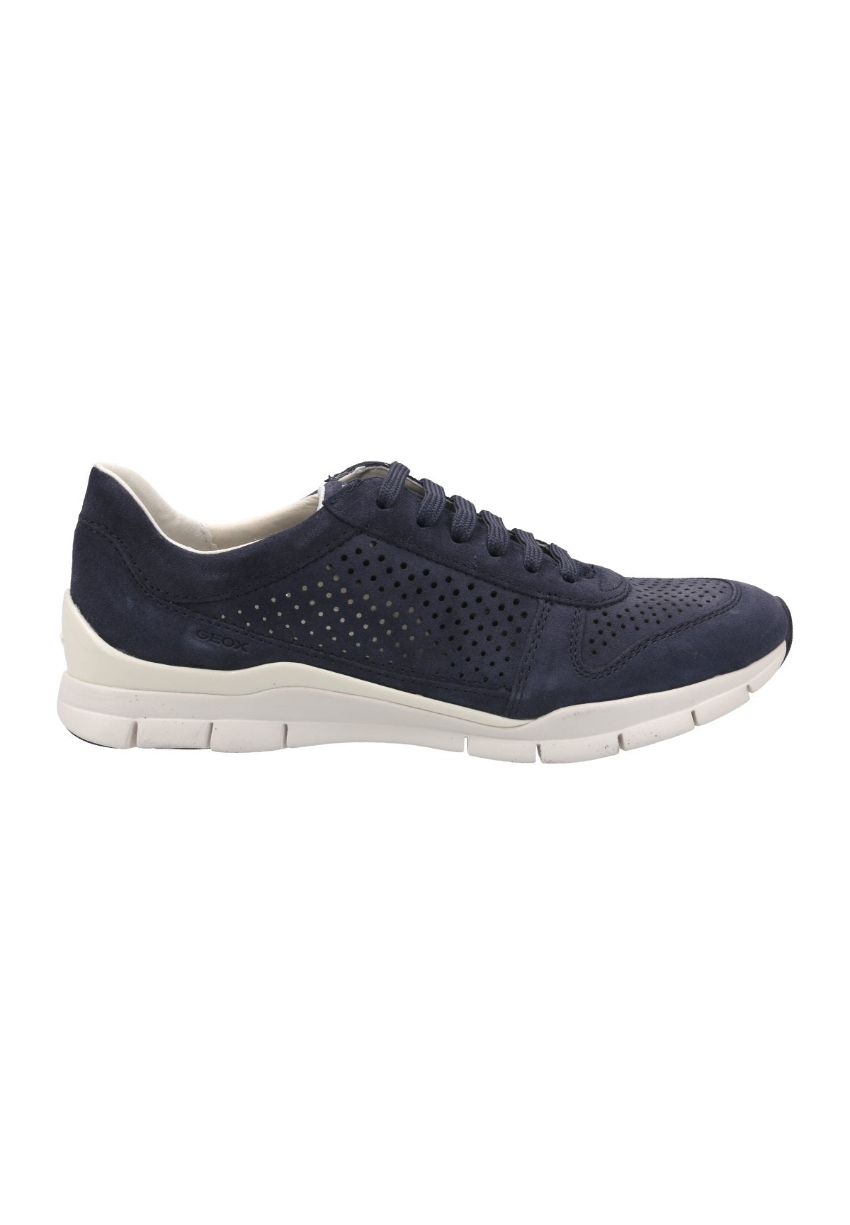 Marineblaue Wildlederrunningschuhe mit perforiertem Design, weißer Gummisohle und passenden Schnürsenkeln. Verfügt über eine runde Zehenform und gepolsterte Knöchelunterstützung.