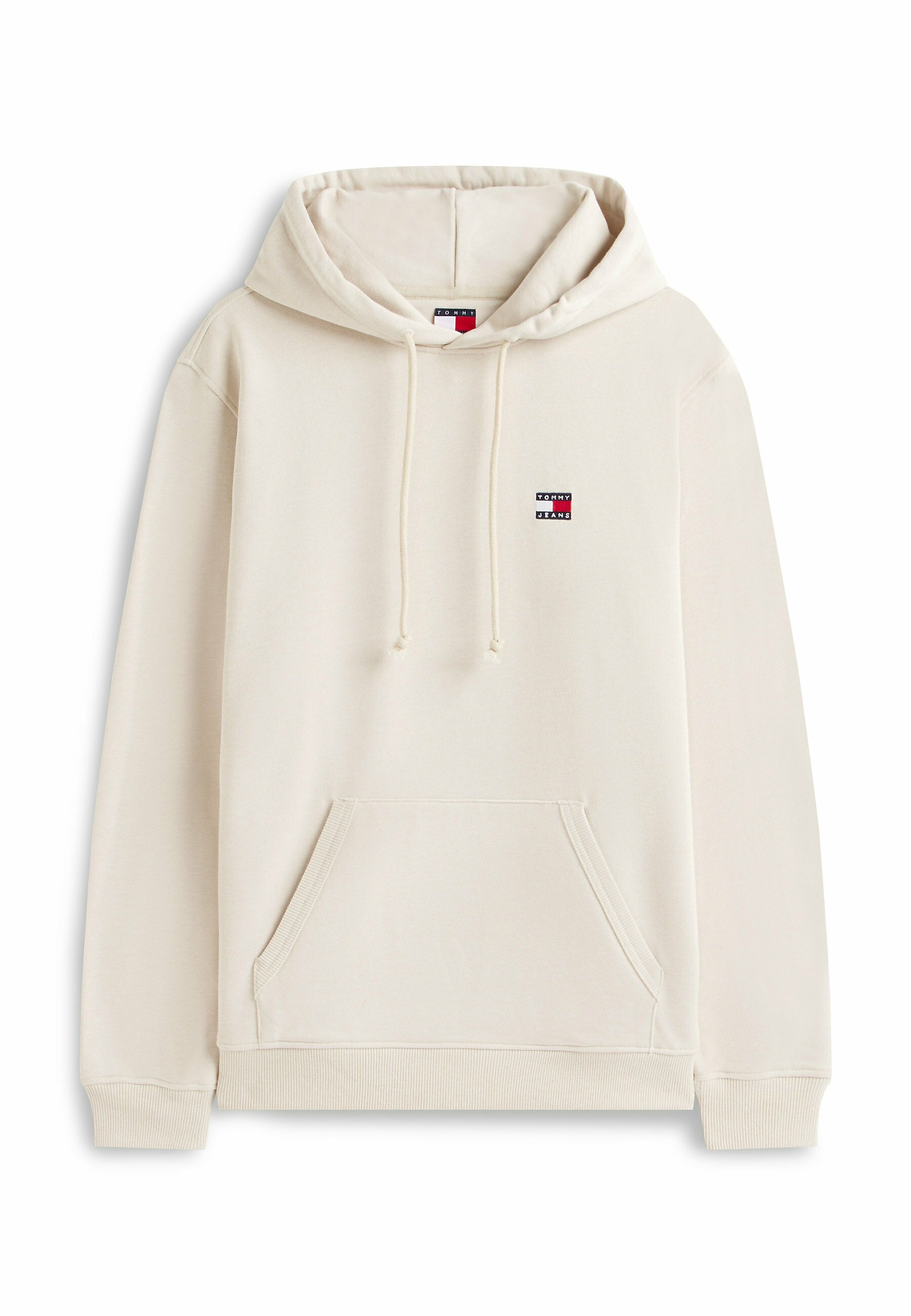 Hellbeige Kapuzenpullover aus weichem Stoff, mit einer Vordertasche und verstellbarem Kordelzug. Kleines Logopatch auf der Brust.