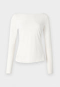 Langärmlige, schulterfreie Bluse aus weichem weißen Stoff. Hat ein tailliertes Oberteil und einen leicht ausgestellt Säumen. Glatte Textur, minimalistisches Design.