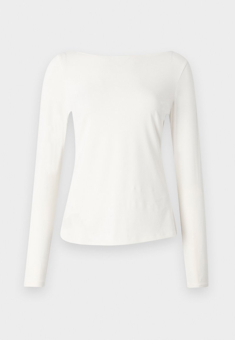 Langärmlige, schulterfreie Bluse aus weichem weißen Stoff. Hat ein tailliertes Oberteil und einen leicht ausgestellt Säumen. Glatte Textur, minimalistisches Design.