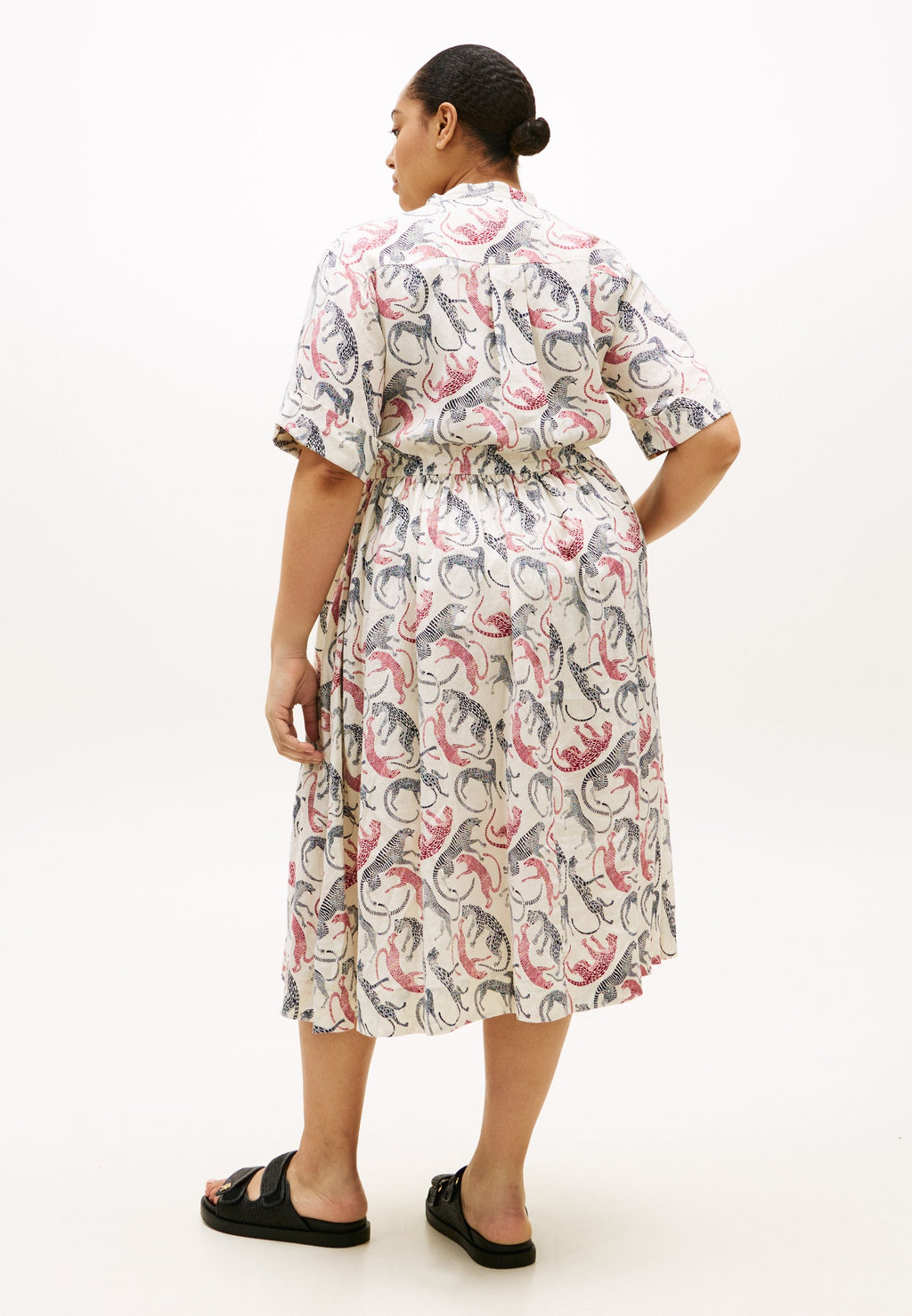 CURVE PRINT PURE LINEN MIDI SHIRT DRESS Media 3