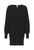 Schwarzer Pullover mit tiefem V-Ausschnitt, langen Puffärmeln und glitzernden Verzierungen. Weicher Stoff mit lockerer Passform und abgerundetem Saum.