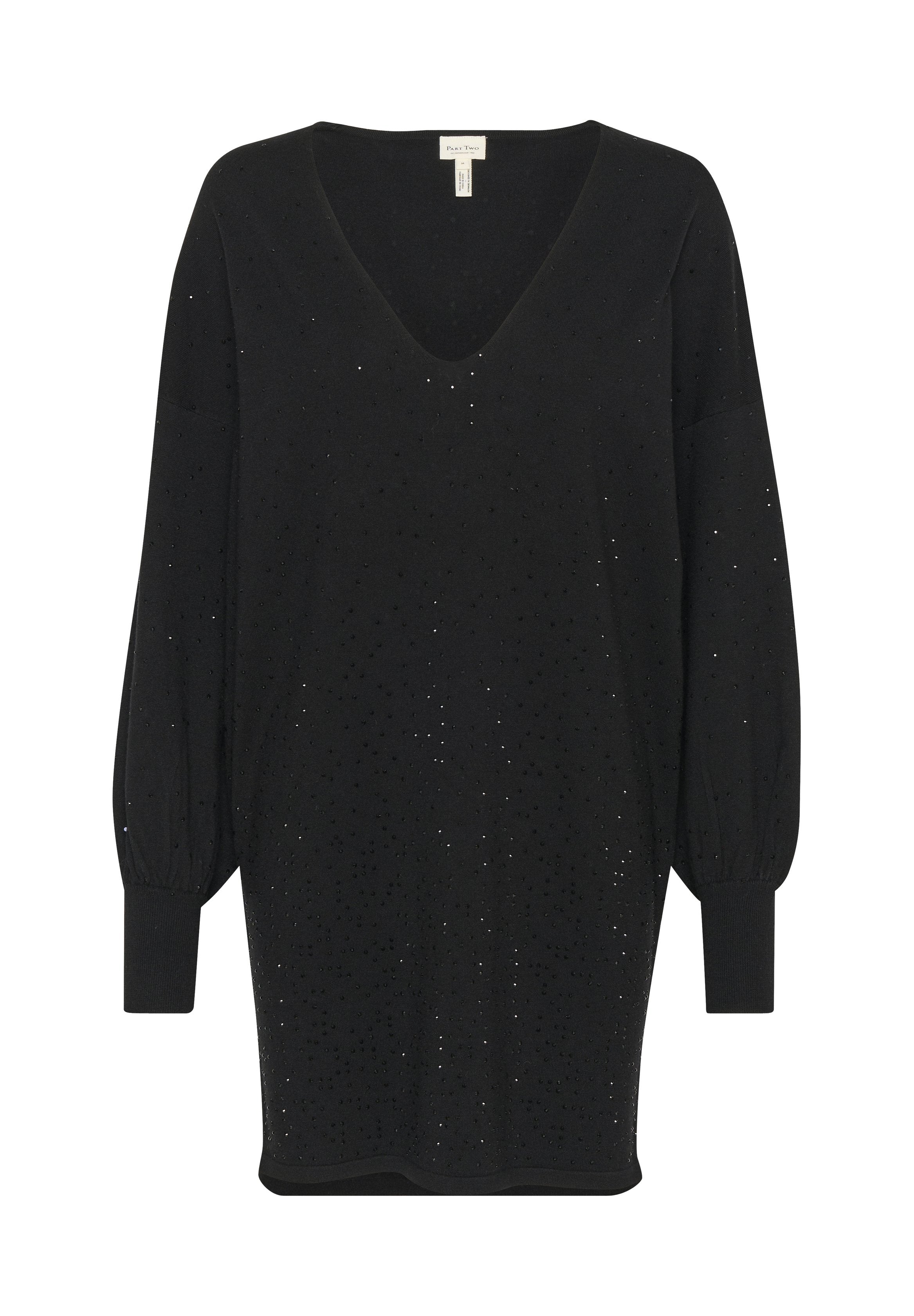 Schwarzer Pullover mit tiefem V-Ausschnitt, langen Puffärmeln und glitzernden Verzierungen. Weicher Stoff mit lockerer Passform und abgerundetem Saum.