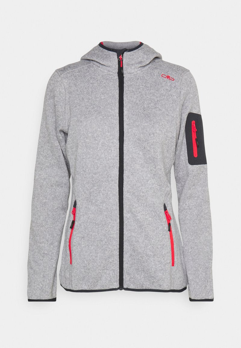 Graue Fleecejacke mit schwarzen Akzenten, roten Reißverschlussdetails, Kapuze und Seitentaschen. Mit durchgehendem Frontreißverschluss und strukturiertem Stoff.