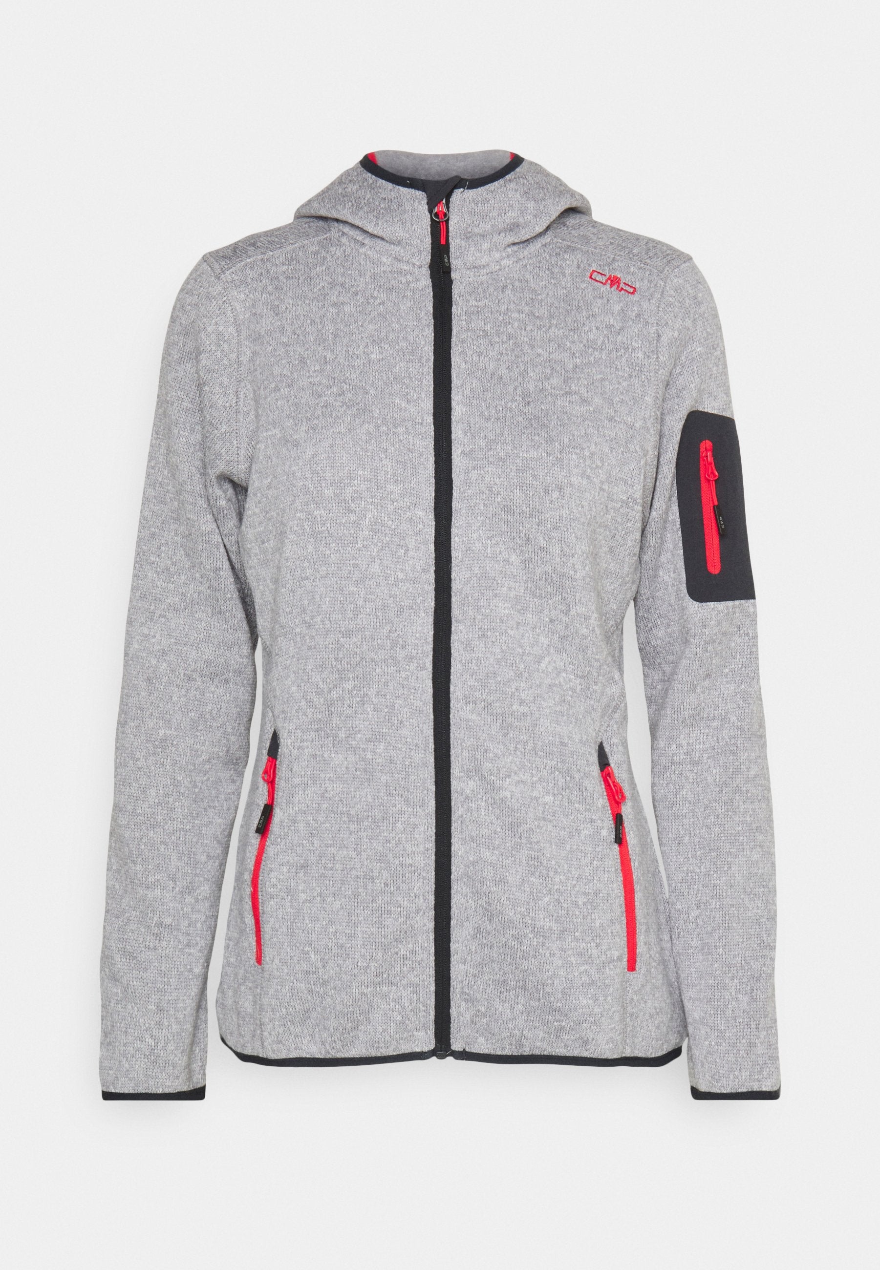 Graue Fleecejacke mit schwarzen Akzenten, roten Reißverschlussdetails, Kapuze und Seitentaschen. Mit durchgehendem Frontreißverschluss und strukturiertem Stoff.