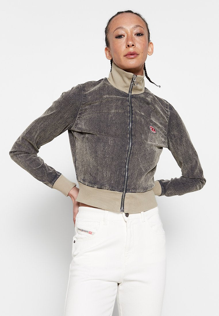 Kurze Jacke in Dunkelgrau mit strukturiertem Finish, Frontreißverschluss und hohem Kragen. Mit beigen Rippbündchen und Saum sowie Logodetail.
