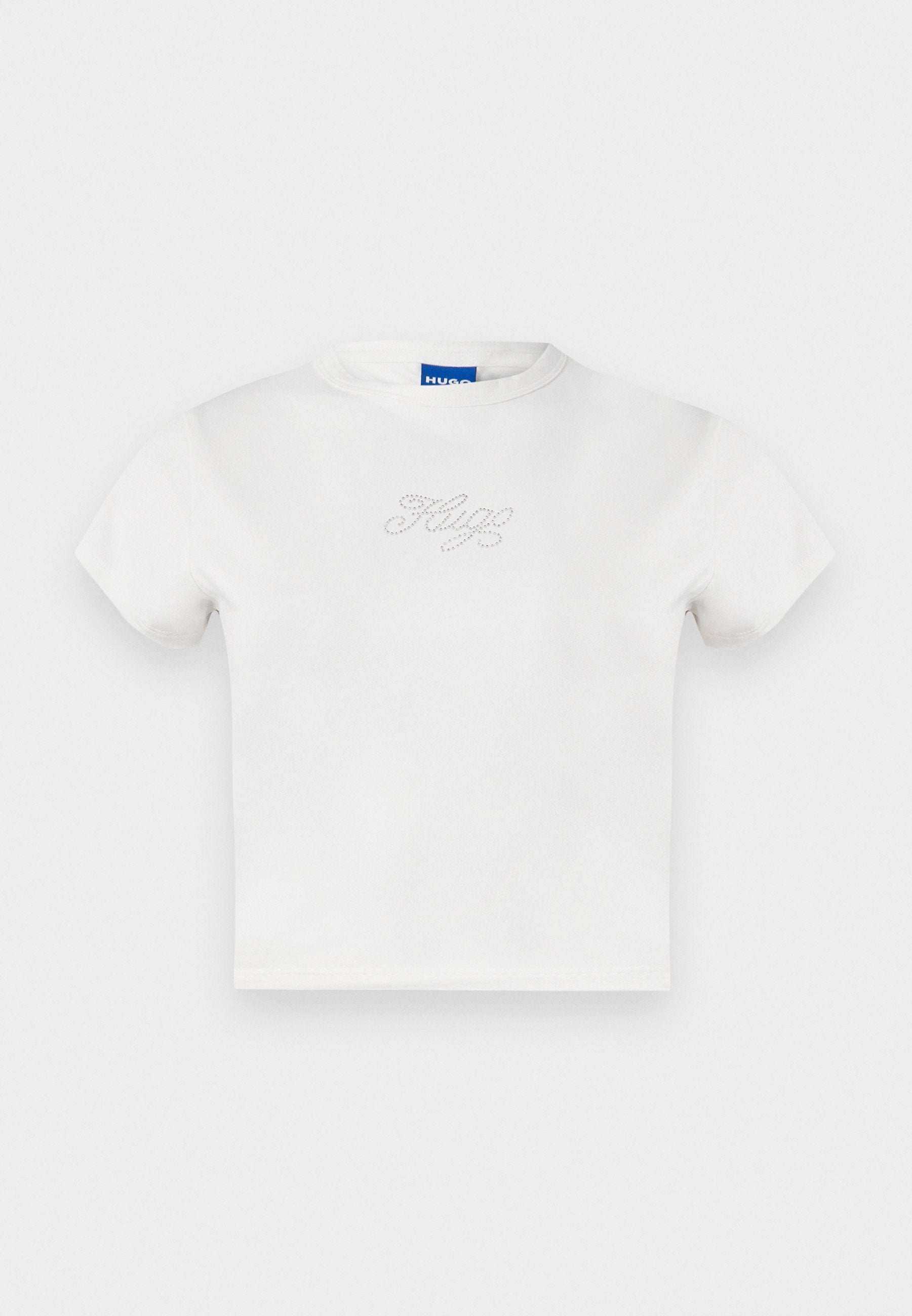 Weißes Baumwoll-T-Shirt mit kurzen Ärmeln und rundem Halsausschnitt. Auf der Vorderseite mit "HUGO" in Strasssteinen verziert. Schlichtes, lässiges Design.
